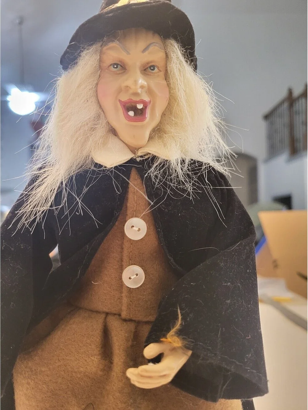 Vintage Witch Figurine with Wooden Base and Fabric Clothing 24x14